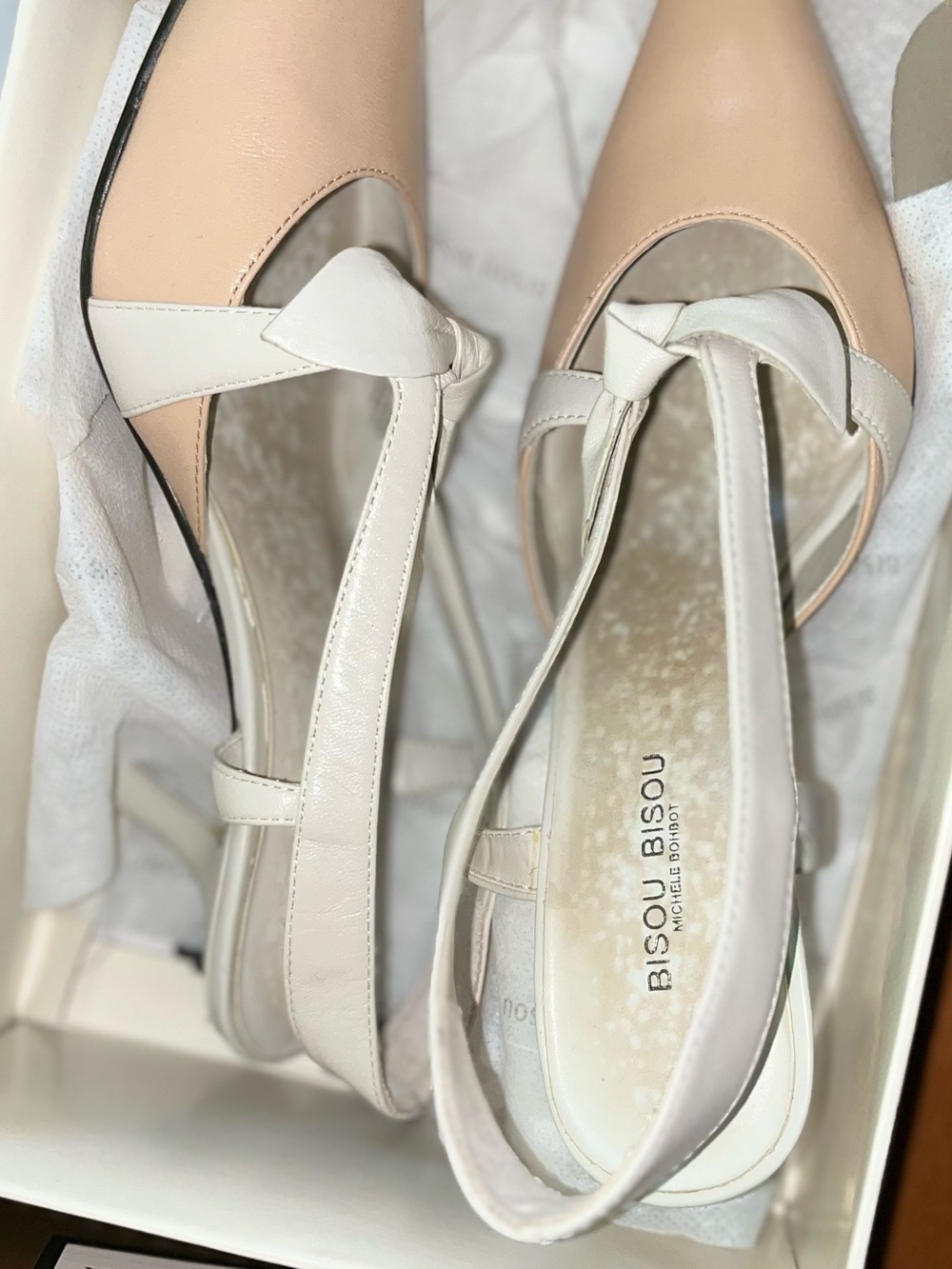 Bisou Bisou Nude and White Knot Slingback Heels